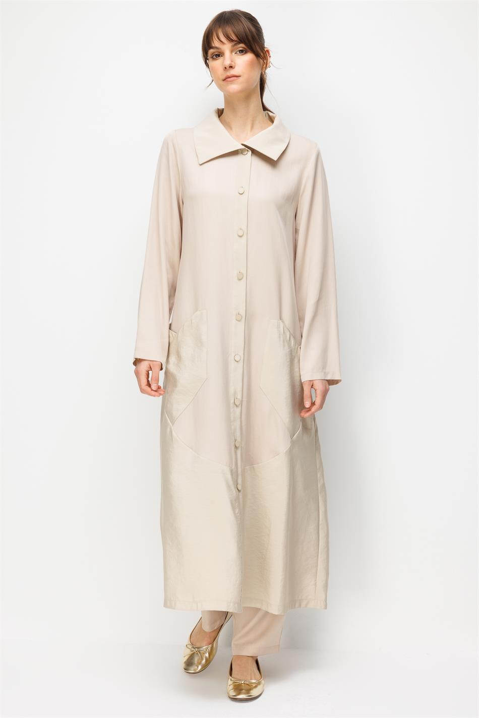 %100 Doğal LyoCELL Maxi Dökümlü Soft Kumaş Garni Kumaşlı Zamansız Kap Ferace-Taş