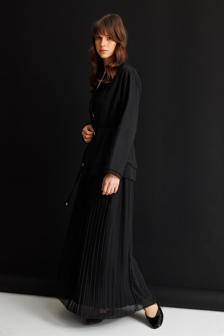 %100 Doğal LyoCELL Maxi Dökümlü Soft Kumaş Ceket ve Şifon Pilise Etek Kombinli TAKIM-Siyah