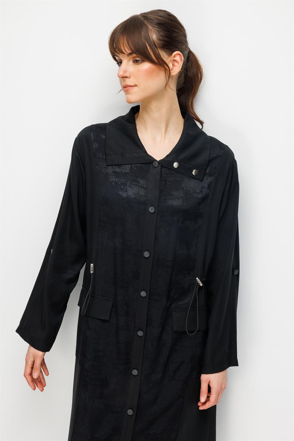 %100 Doğal LyoCELL Maxi Dökümlü Soft Kumaş Desen Geçişli Kap Ferace-Siyah