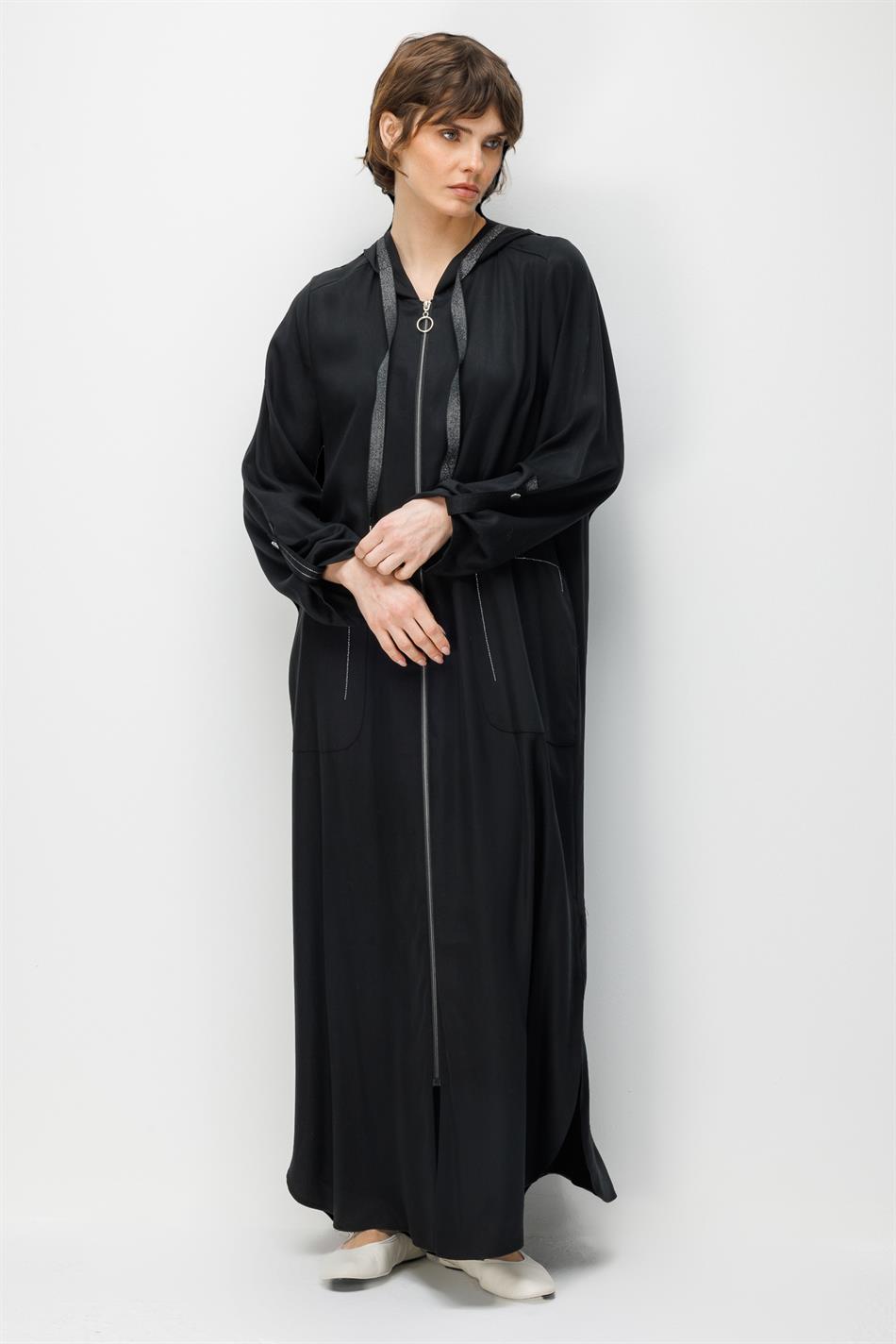 %100 Doğal LyoCELL Maxi Dökümlü Soft Kumaş Spor Garni Detaylı Kap Ferace-Siyah