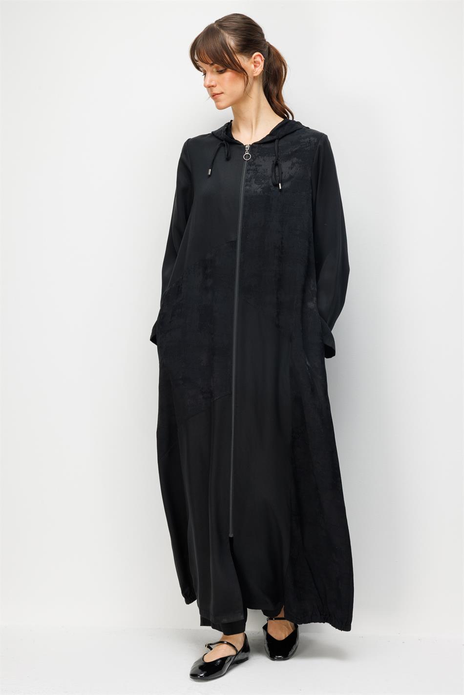 %100 Doğal LyoCELL Maxi Dökümlü Soft Kumaş Desen Geçişli Kap Ferace-Siyah