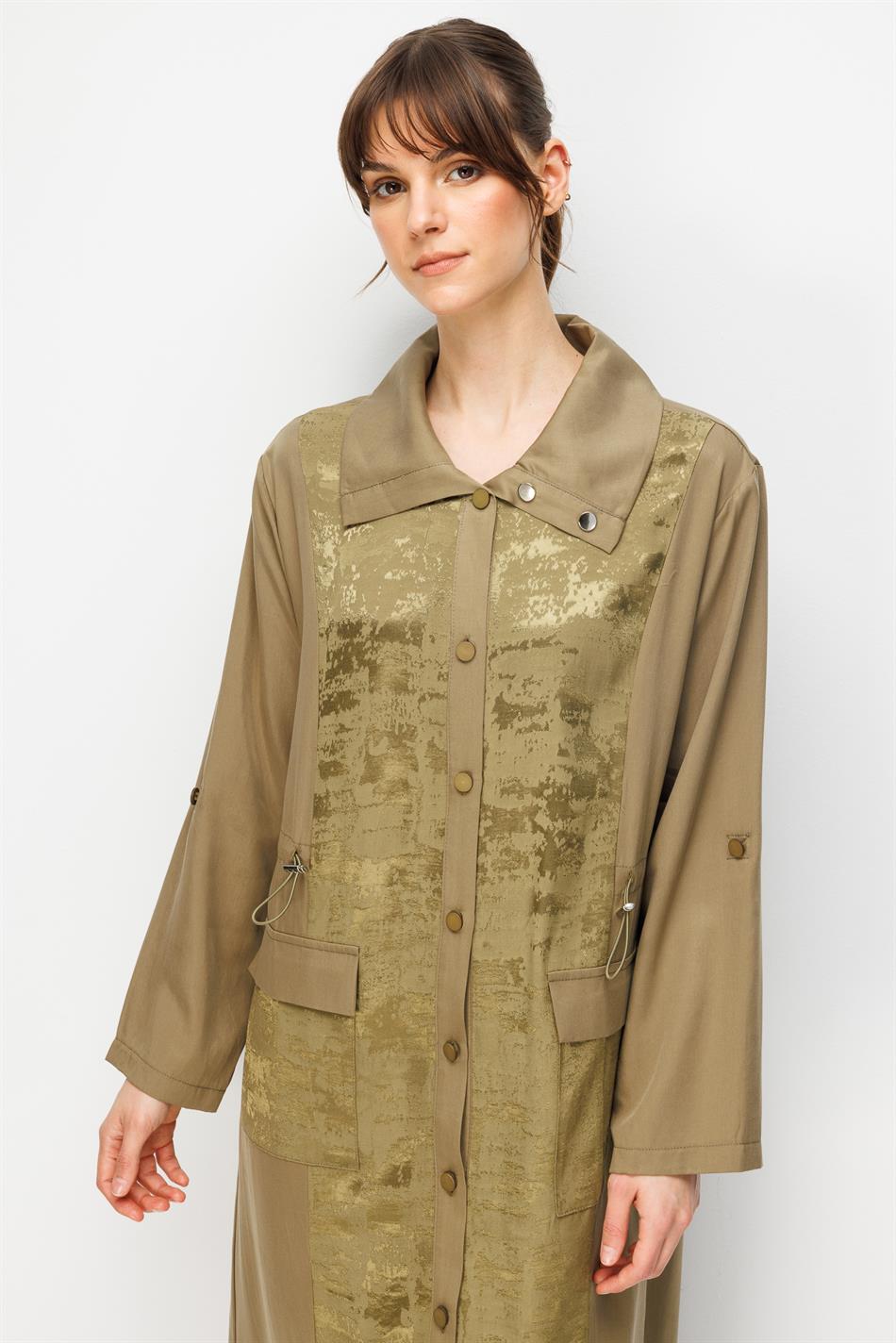 %100 Doğal LyoCELL Maxi Dökümlü Soft Kumaş Desen Geçişli Kap Ferace-Haki