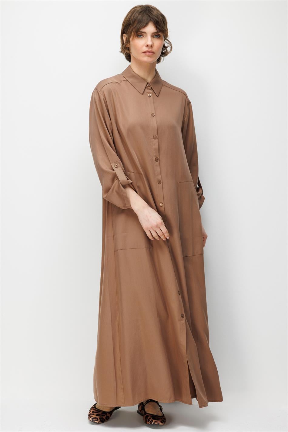 100% natuurlijke LyoCELL maxi gedrapeerde zachte stof tijdloze sportieve abaya - bruin