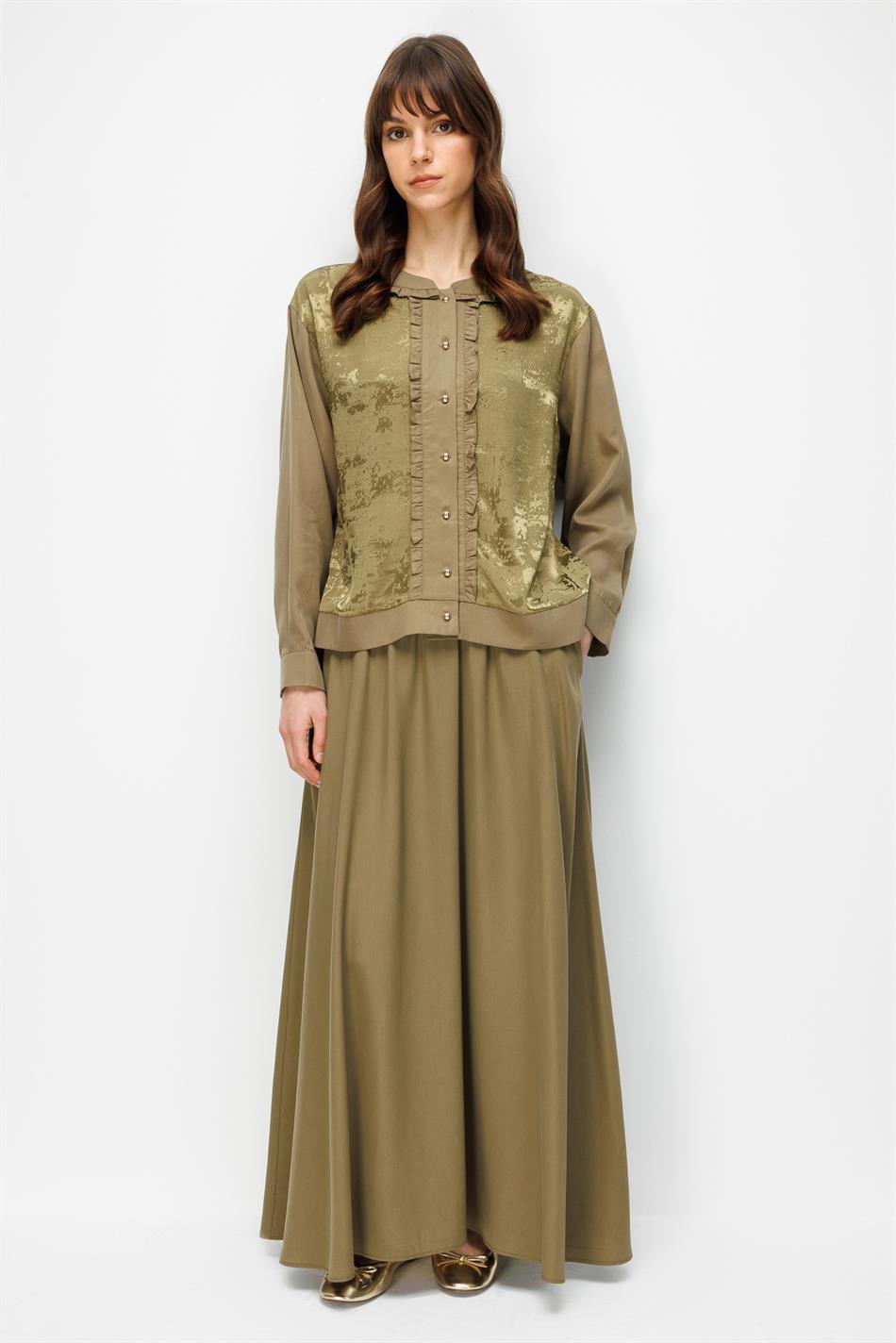 %100 Doğal LyoCELL Maxi Dökümlü Soft Kumaş Etek ve Özel Desen Geçişli Ceket Kombinli TAKIM-Haki