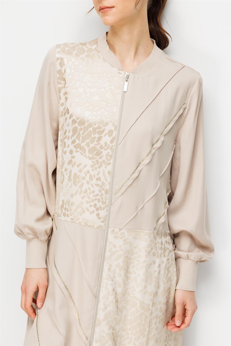 %100 Doğal LyoCELL Maxi Dökümlü Soft Kumaş Nervür ve Desen Geçişli Kap Ferace-Taş