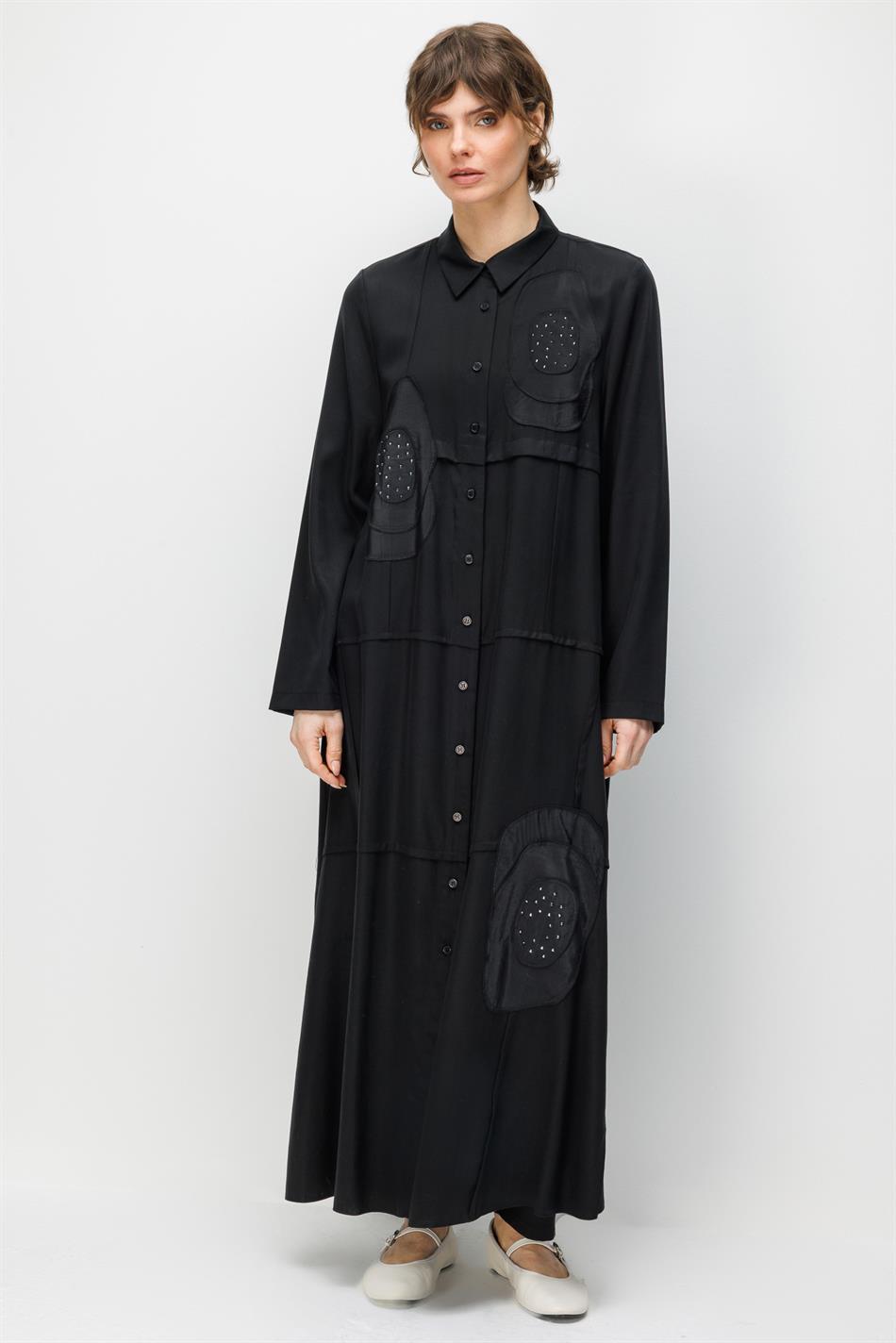 %100 Doğal LyoCELL Maxi Dökümlü Soft Kumaş Elişi Flora İşleme Detaylı Maxi Tunik Ferace-Siyah