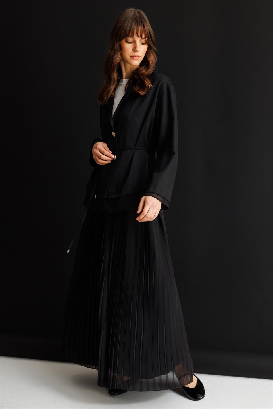 %100 Doğal LyoCELL Maxi Dökümlü Soft Kumaş Ceket ve Şifon Pilise Etek Kombinli TAKIM-Siyah