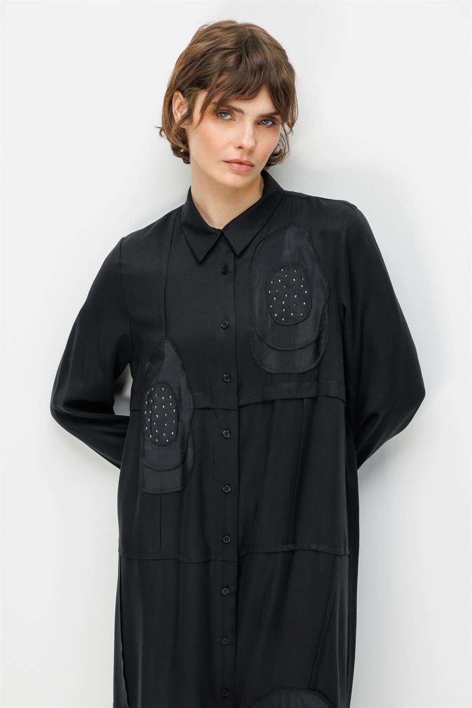 %100 Doğal LyoCELL Maxi Dökümlü Soft Kumaş Elişi Flora İşleme Detaylı Maxi Tunik Ferace-Siyah