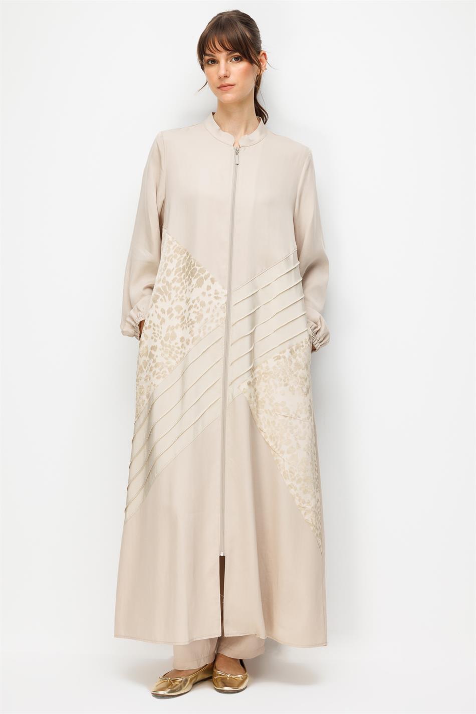 %100 Doğal LyoCELL Maxi Dökümlü Soft Kumaş Garni ve Elişi Nervür Detaylı Ferace-Taş