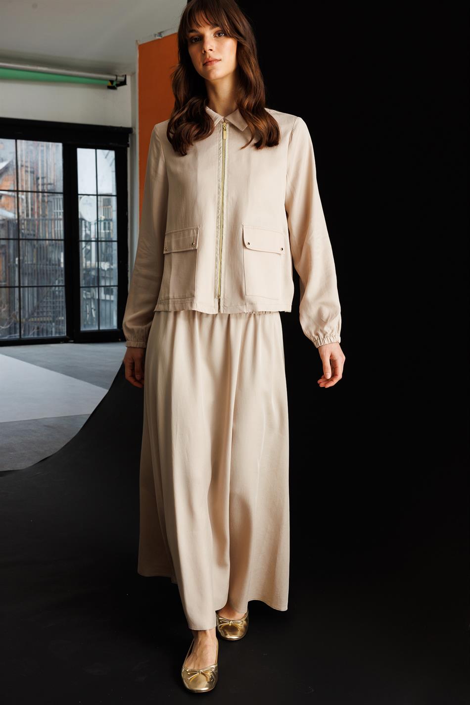 %100 Doğal LyoCELL Maxi Dökümlü Soft Kumaş Özel Ceket ve Etek Kombinli TAKIM-Taş