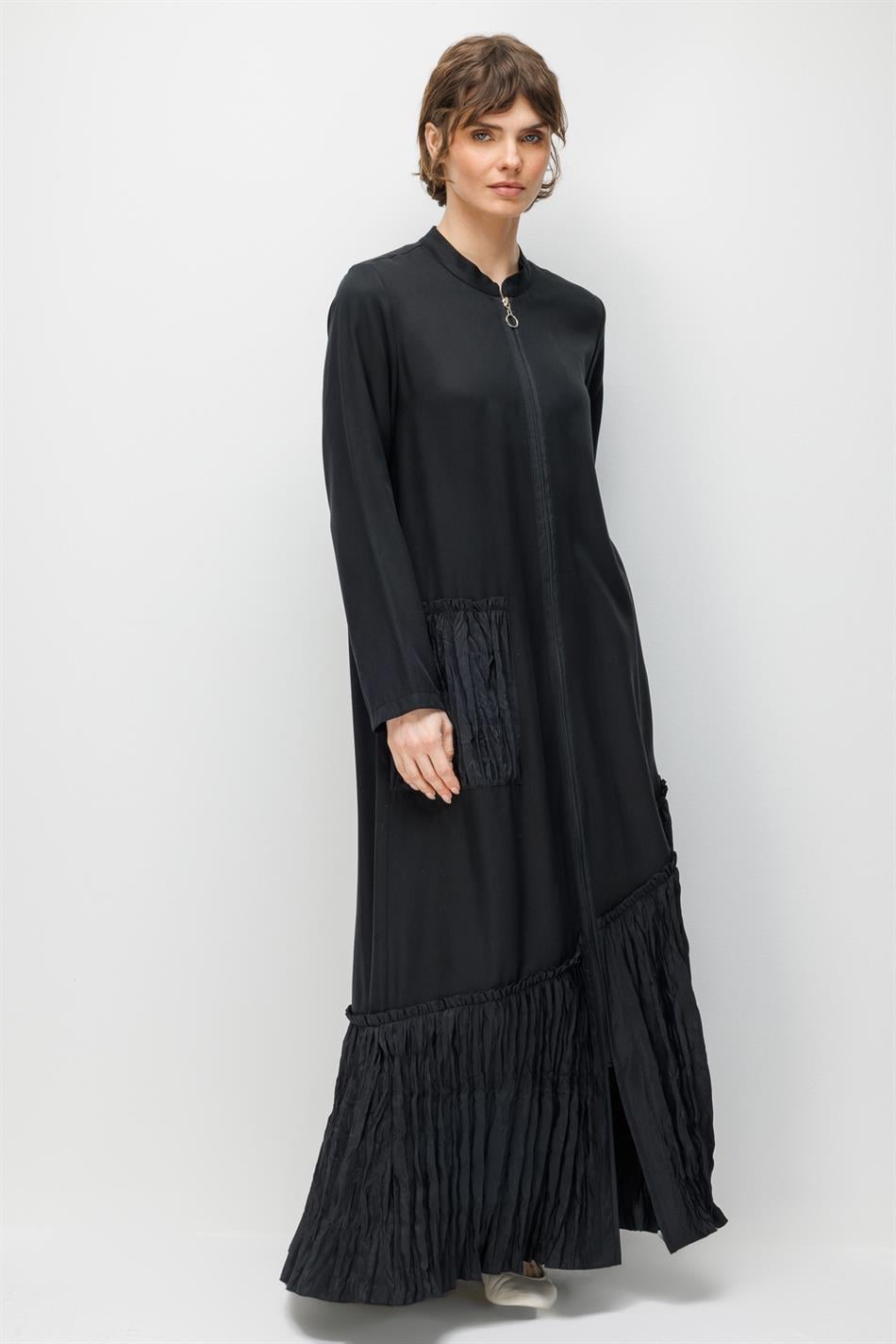 %100 Doğal LyoCELL Maxi Dökümlü Soft Kumaş Kraş Cep ve Alt Bant Detaylı Kap Ferace-Siyah