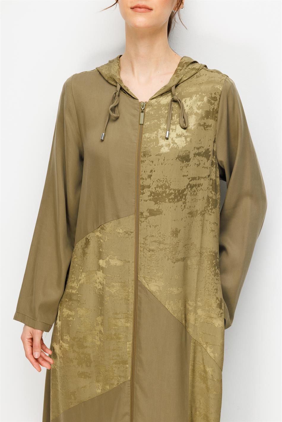 %100 Doğal LyoCELL Maxi Dökümlü Soft Kumaş Desen Geçişli Kap Ferace-Haki