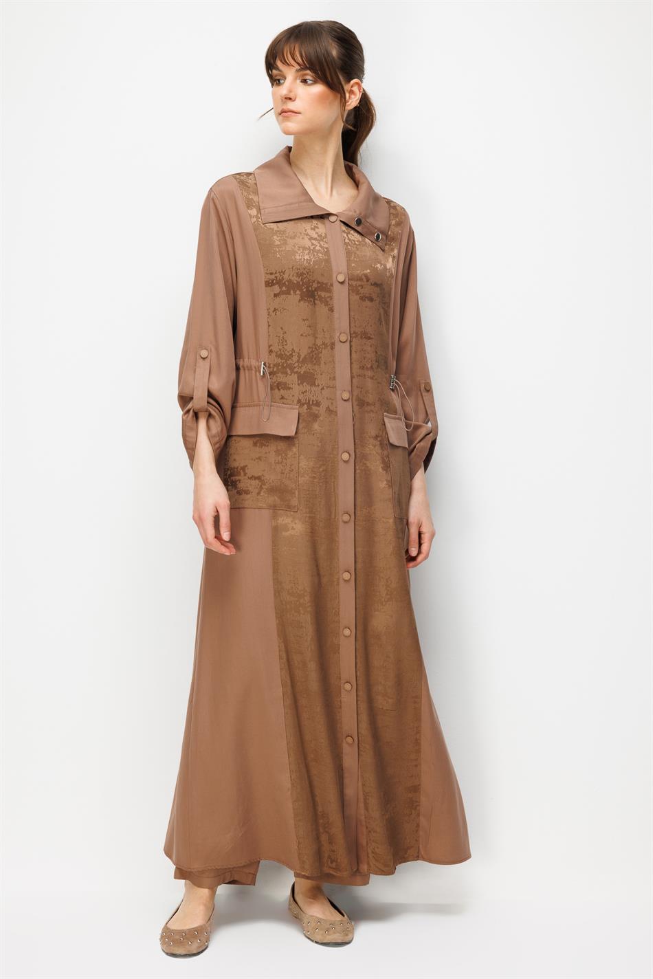 %100 Doğal LyoCELL Maxi Dökümlü Soft Kumaş Desen Geçişli Kap Ferace-Kahve