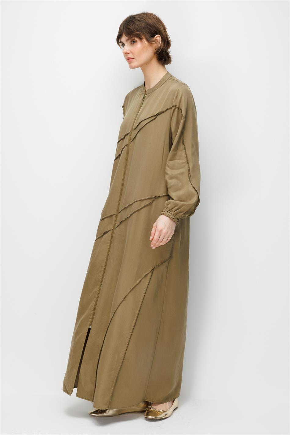 %100 Doğal LyoCELL Maxi Dökümlü Soft Kumaş Aller Ara Diikiş Detaylı Kap Ferace-Haki