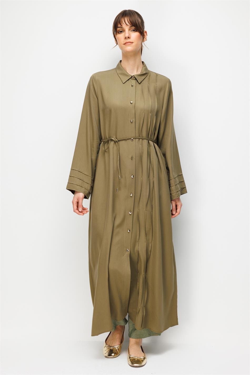 %100 Doğal LyoCELL Maxi Dökümlü Soft Kumaş Kol ve Beden Aller Nervür Detaylı Kap Ferace-Haki