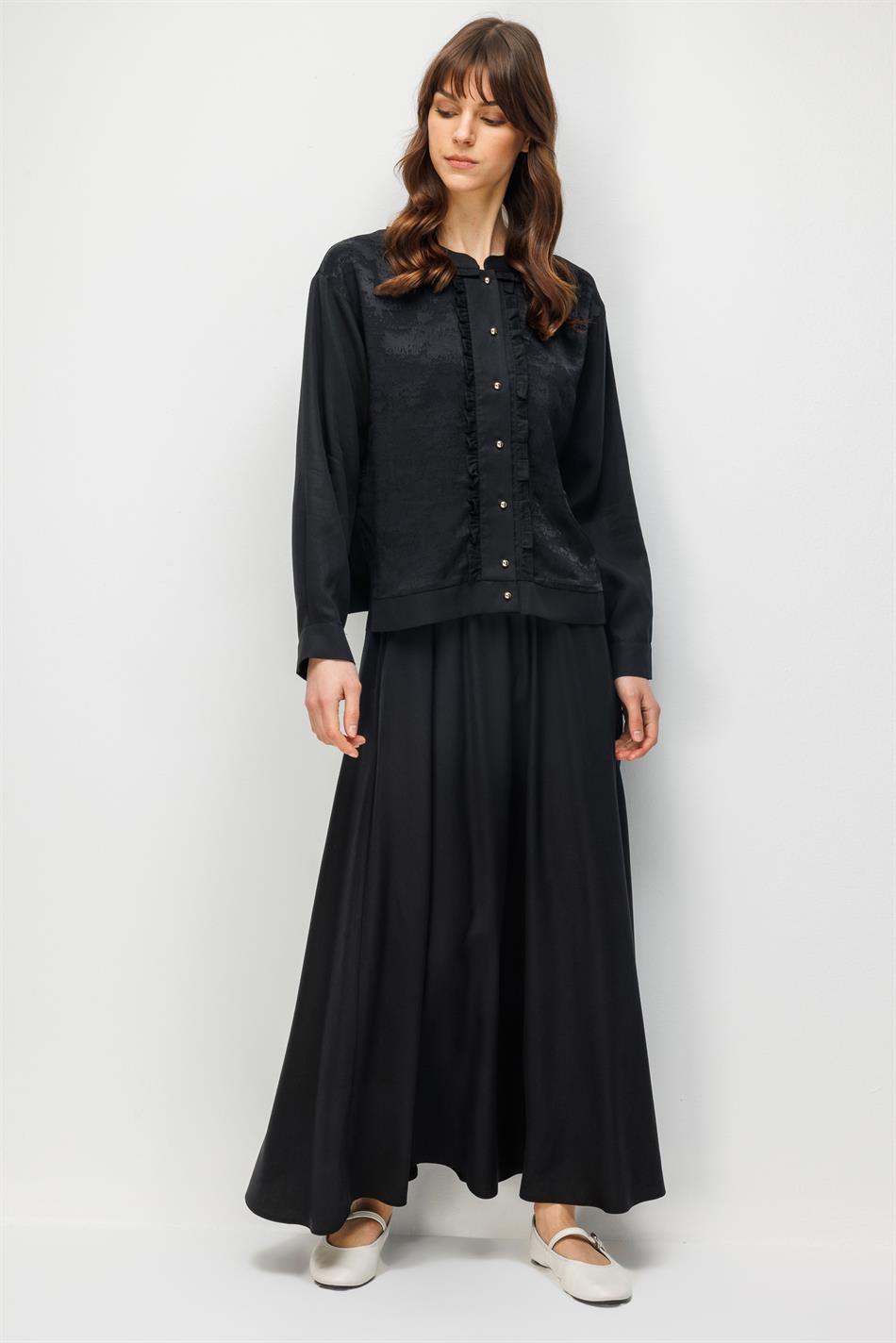 %100 Doğal LyoCELL Maxi Dökümlü Soft Kumaş Etek ve Özel Desen Geçişli Ceket Kombinli TAKIM-Siyah