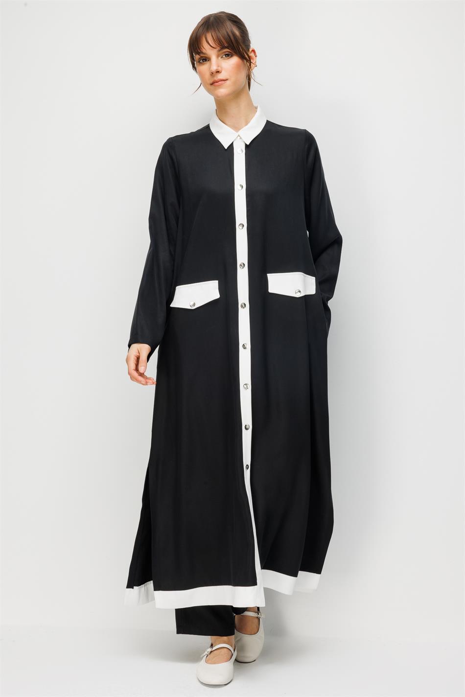 %100 Doğal LyoCELL Maxi Dökümlü Soft Kumaş Summer Garnili Maxi Elbise Ferace-Siyah