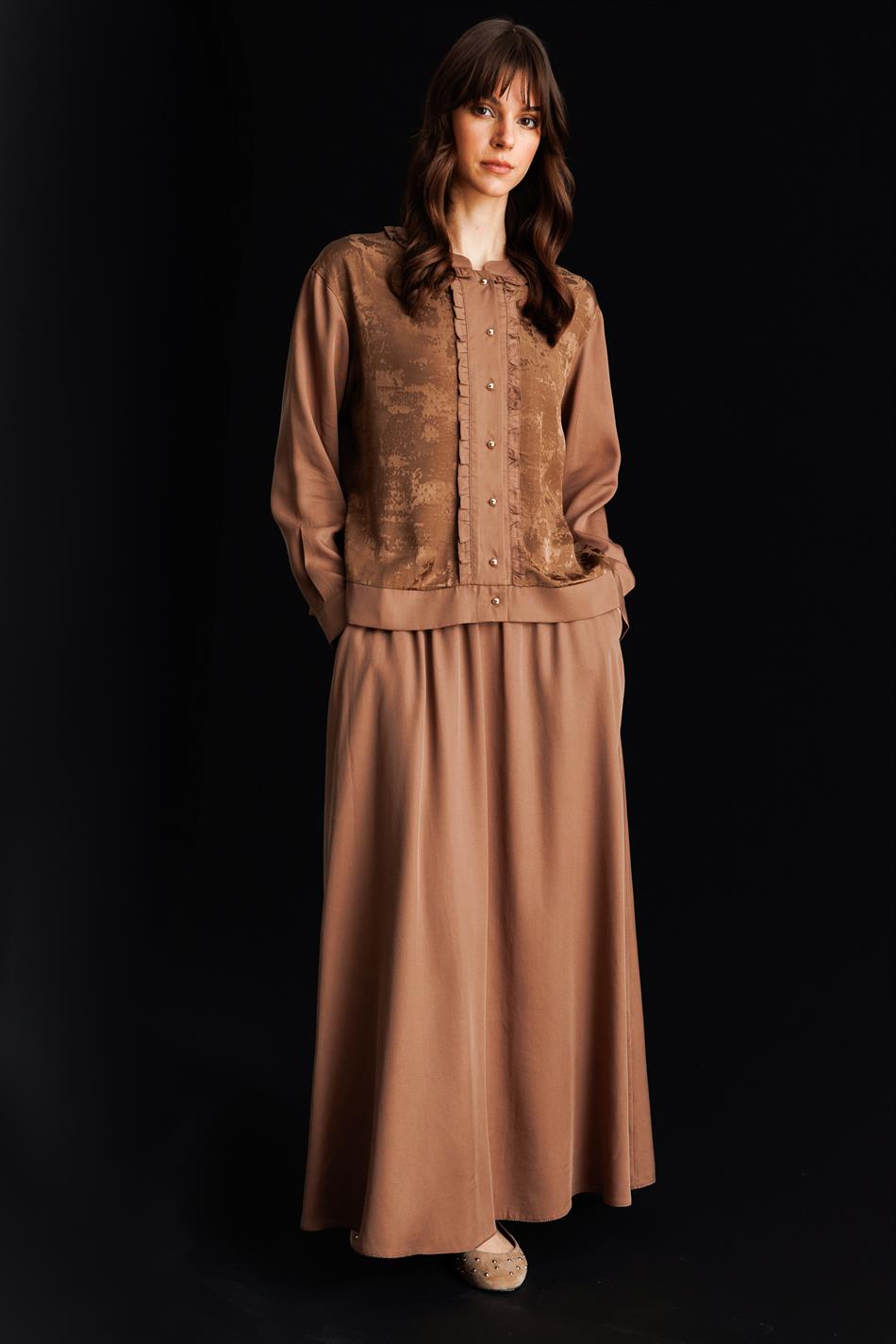 %100 Doğal LyoCELL Maxi Dökümlü Soft Kumaş Etek ve Özel Desen Geçişli Ceket Kombinli TAKIM-Kahve