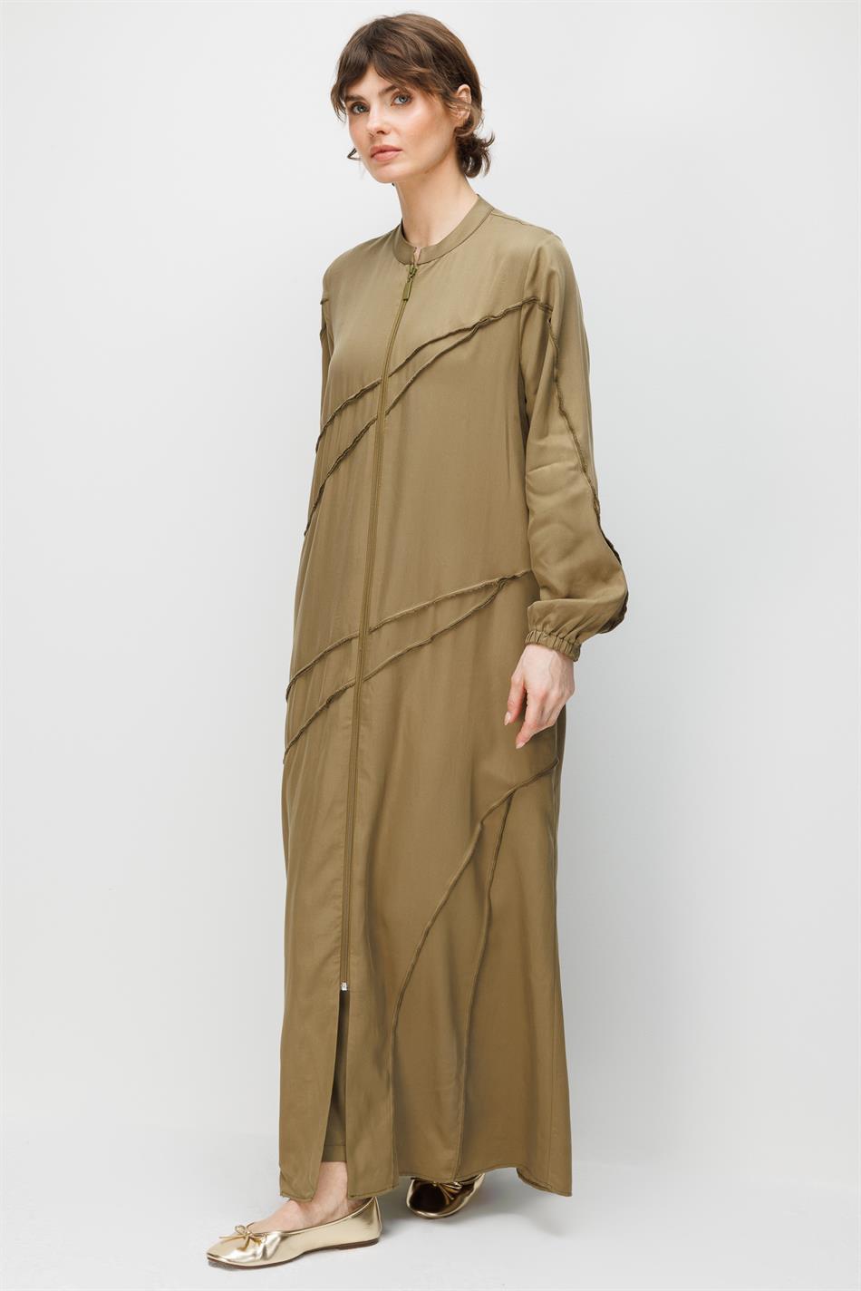 %100 Doğal LyoCELL Maxi Dökümlü Soft Kumaş Aller Ara Diikiş Detaylı Kap Ferace-Haki