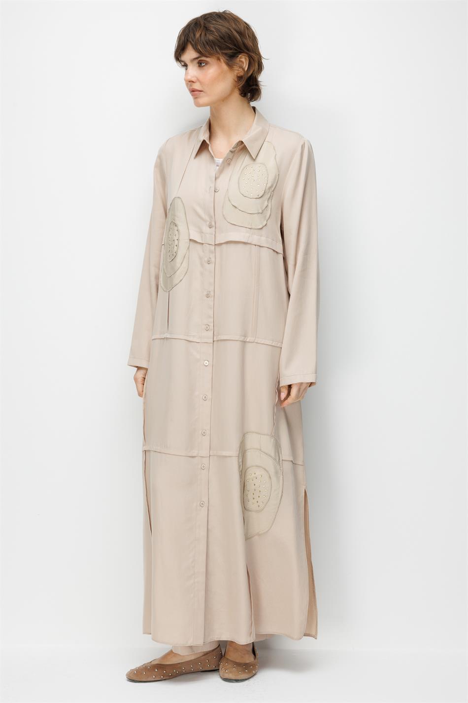 %100 Doğal LyoCELL Maxi Dökümlü Soft Kumaş Elişi Flora İşleme Detaylı Maxi Tunik Ferace-Taş