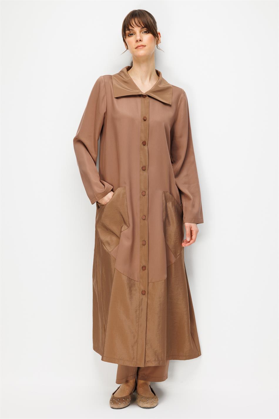 %100 Doğal LyoCELL Maxi Dökümlü Soft Kumaş Garni Kumaşlı Zamansız Kap Ferace-Kahve