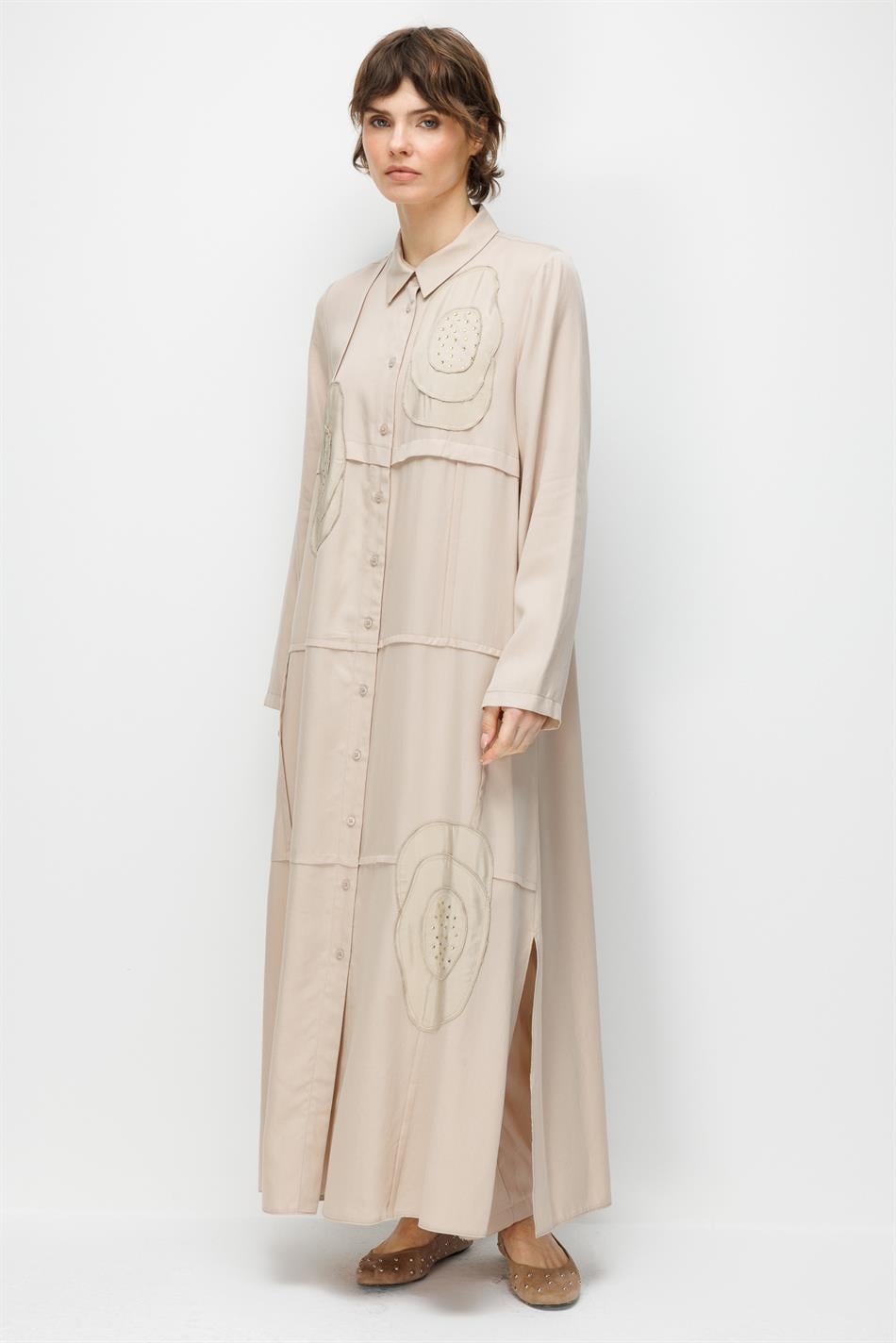 %100 Doğal LyoCELL Maxi Dökümlü Soft Kumaş Elişi Flora İşleme Detaylı Maxi Tunik Ferace-Taş