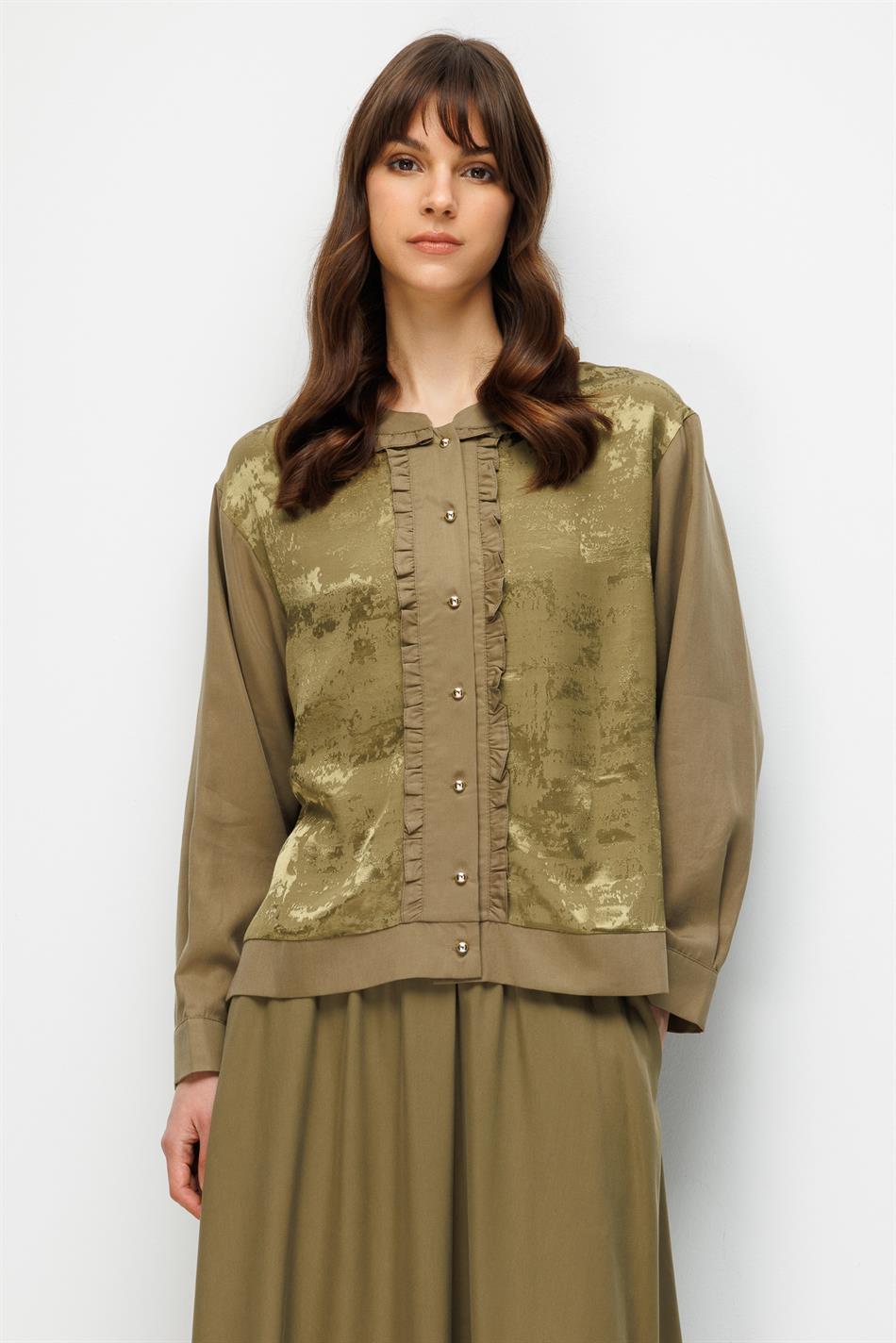 %100 Doğal LyoCELL Maxi Dökümlü Soft Kumaş Etek ve Özel Desen Geçişli Ceket Kombinli TAKIM-Haki