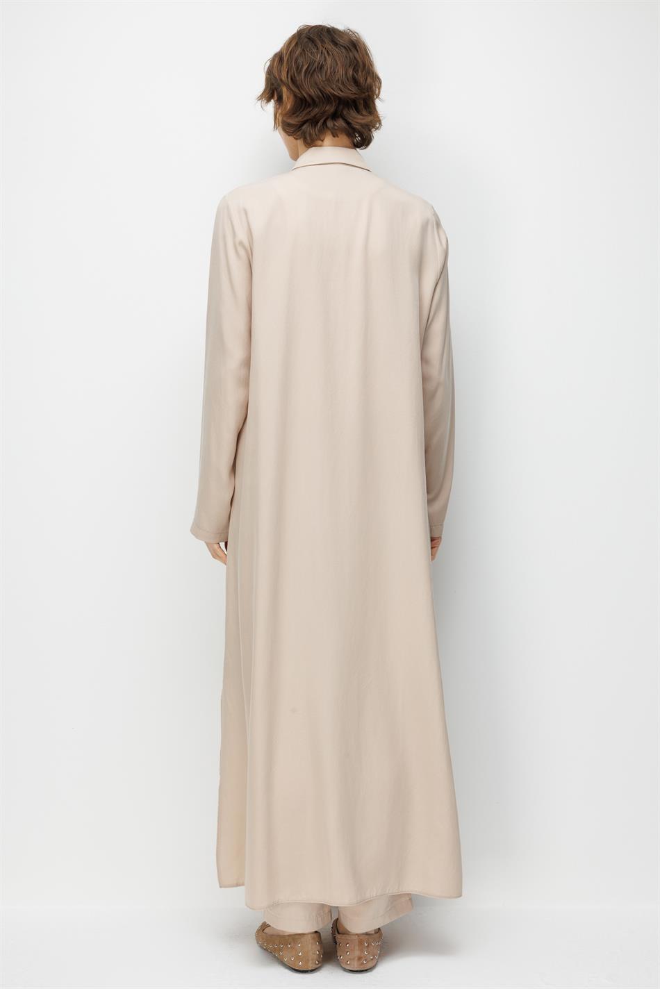 %100 Doğal LyoCELL Maxi Dökümlü Soft Kumaş Elişi Flora İşleme Detaylı Maxi Tunik Ferace-Taş