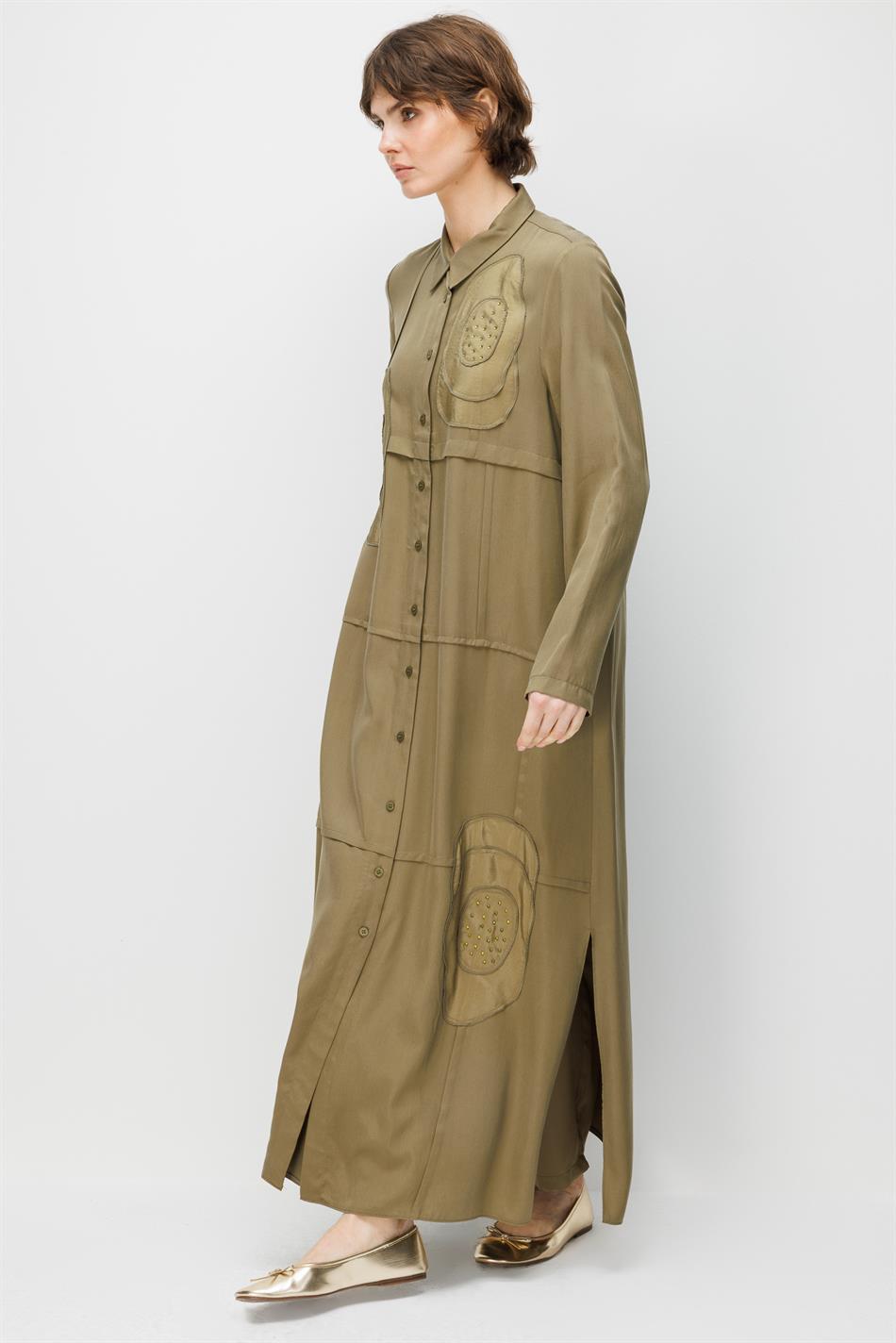 %100 Doğal LyoCELL Maxi Dökümlü Soft Kumaş Elişi Flora İşleme Detaylı Maxi Tunik Ferace-Haki