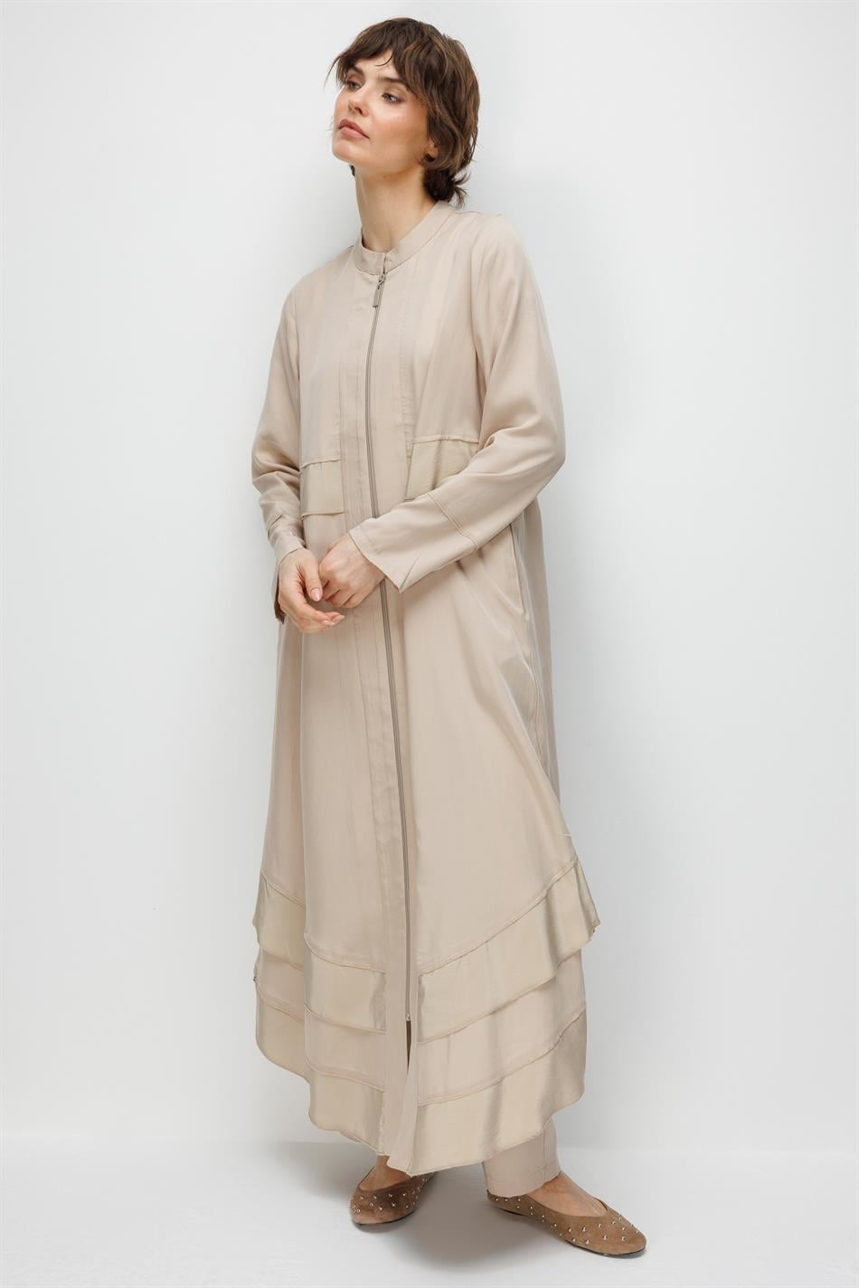 %100 Doğal LyoCELL Maxi Dökümlü Soft Kumaş Aller Bant detaylı Kap Ferace-Taş