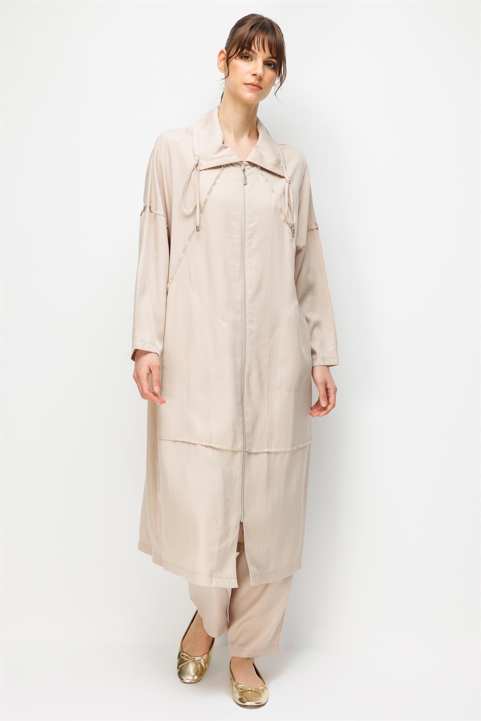 %100 Doğal LyoCELL Maxi Dökümlü Soft Kumaş Özel Dikiş Detaylı Zamansız Kap Ferace-Taş