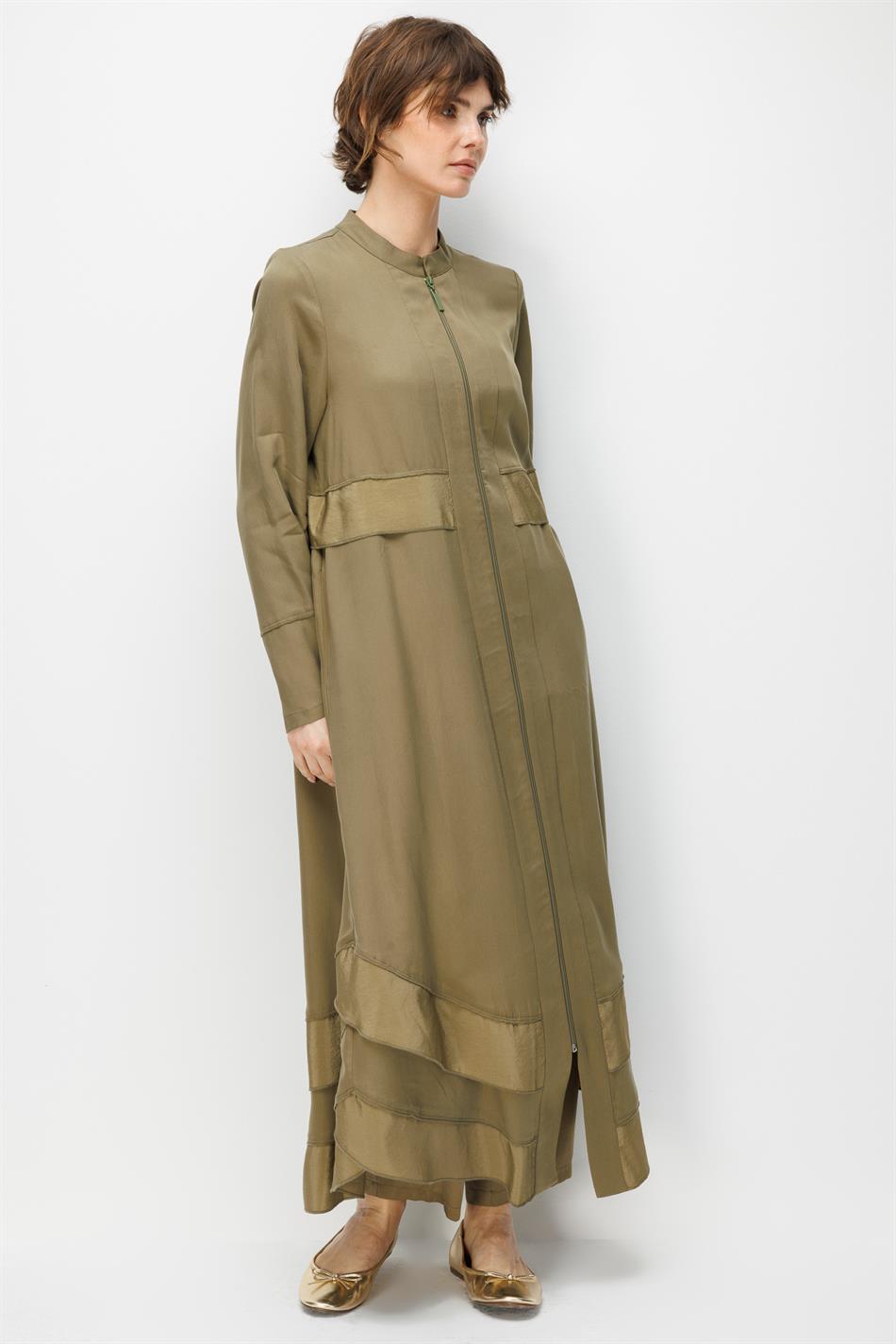 %100 Doğal LyoCELL Maxi Dökümlü Soft Kumaş Aller Bant detaylı Kap Ferace-Haki