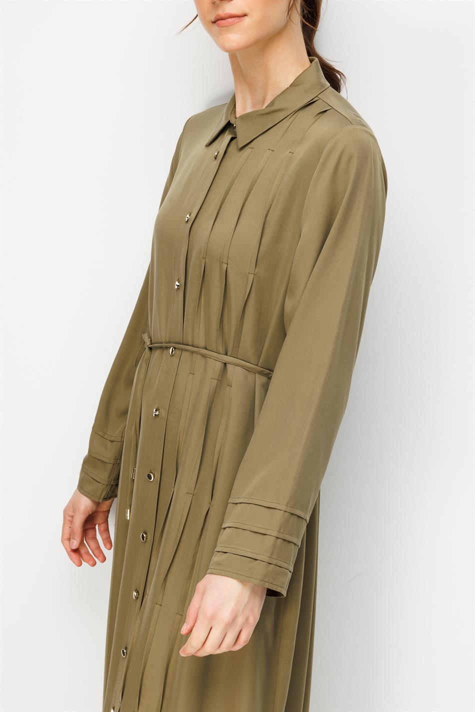 %100 Doğal LyoCELL Maxi Dökümlü Soft Kumaş Kol ve Beden Aller Nervür Detaylı Kap Ferace-Haki