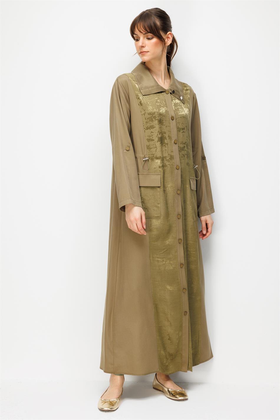 %100 Doğal LyoCELL Maxi Dökümlü Soft Kumaş Desen Geçişli Kap Ferace-Haki