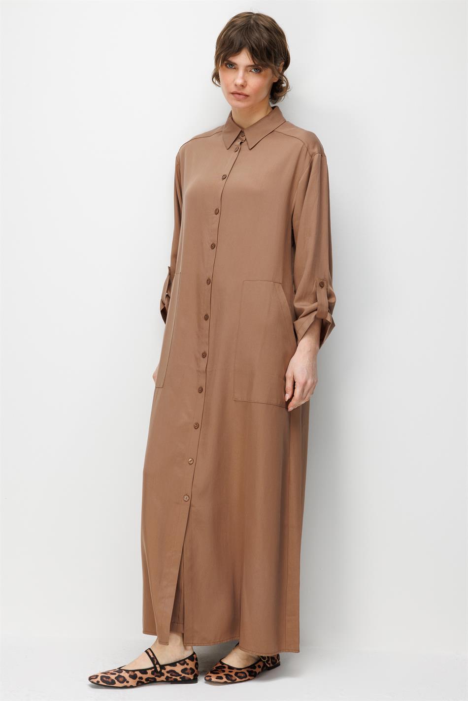 100% natuurlijke LyoCELL maxi gedrapeerde zachte stof tijdloze sportieve abaya - bruin