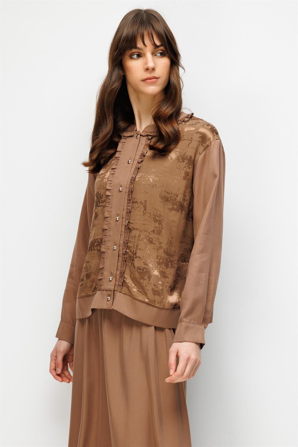 %100 Doğal LyoCELL Maxi Dökümlü Soft Kumaş Etek ve Özel Desen Geçişli Ceket Kombinli TAKIM-Kahve