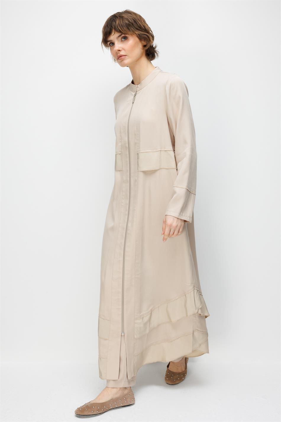 %100 Doğal LyoCELL Maxi Dökümlü Soft Kumaş Aller Bant detaylı Kap Ferace-Taş