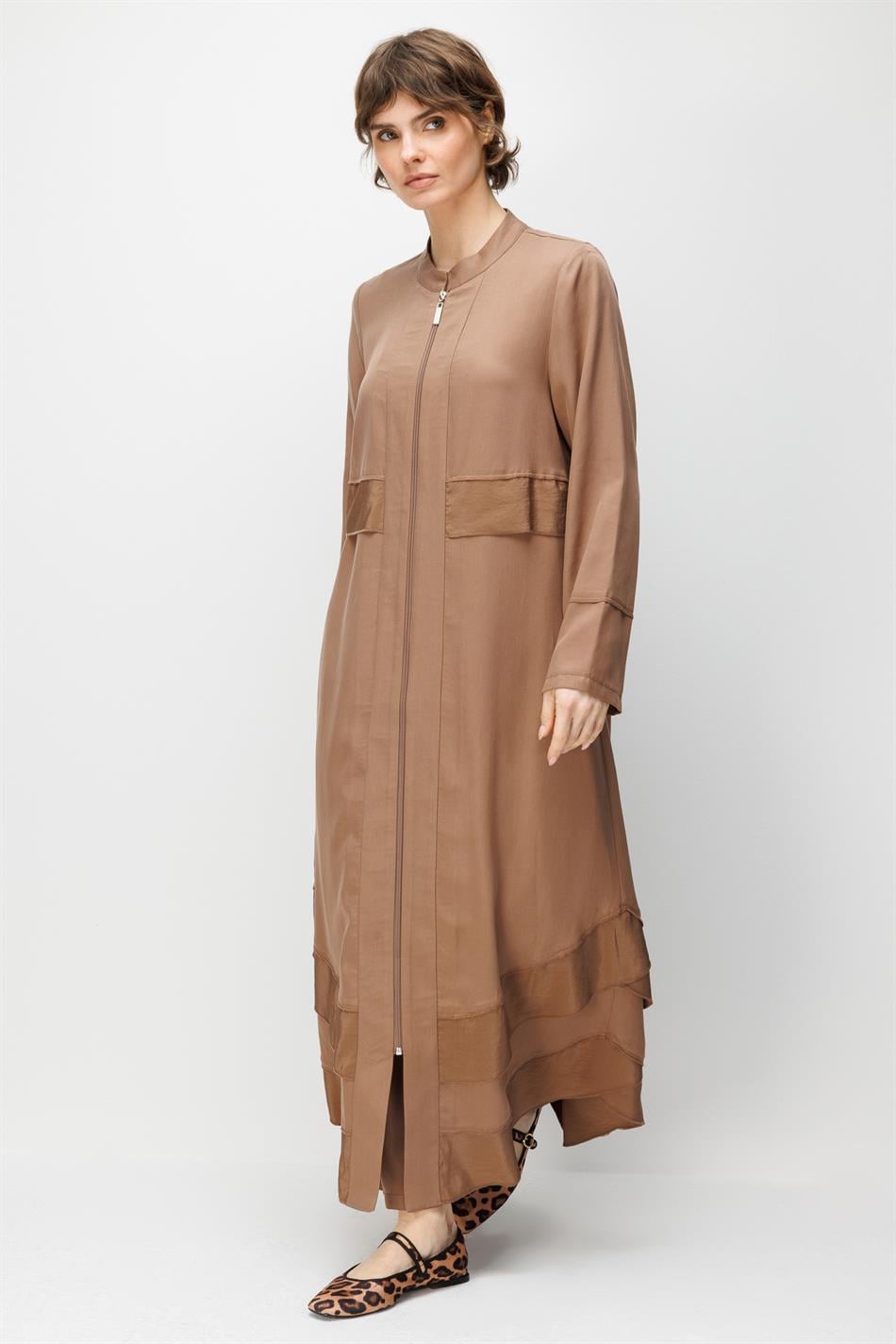 %100 Doğal LyoCELL Maxi Dökümlü Soft Kumaş Aller Bant detaylı Kap Ferace-Kahve