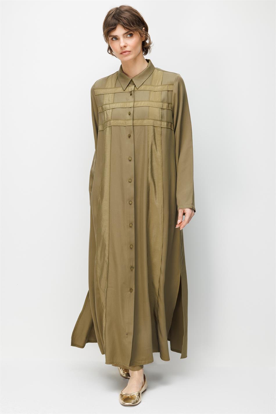 %100 Doğal LyoCELL Maxi Dökümlü Soft Kumaş Poly Cupra Desen İşleme Spor Kap Ferace-Haki