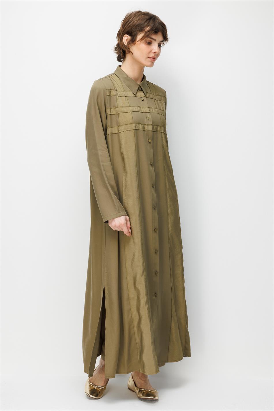 %100 Doğal LyoCELL Maxi Dökümlü Soft Kumaş Poly Cupra Desen İşleme Spor Kap Ferace-Haki