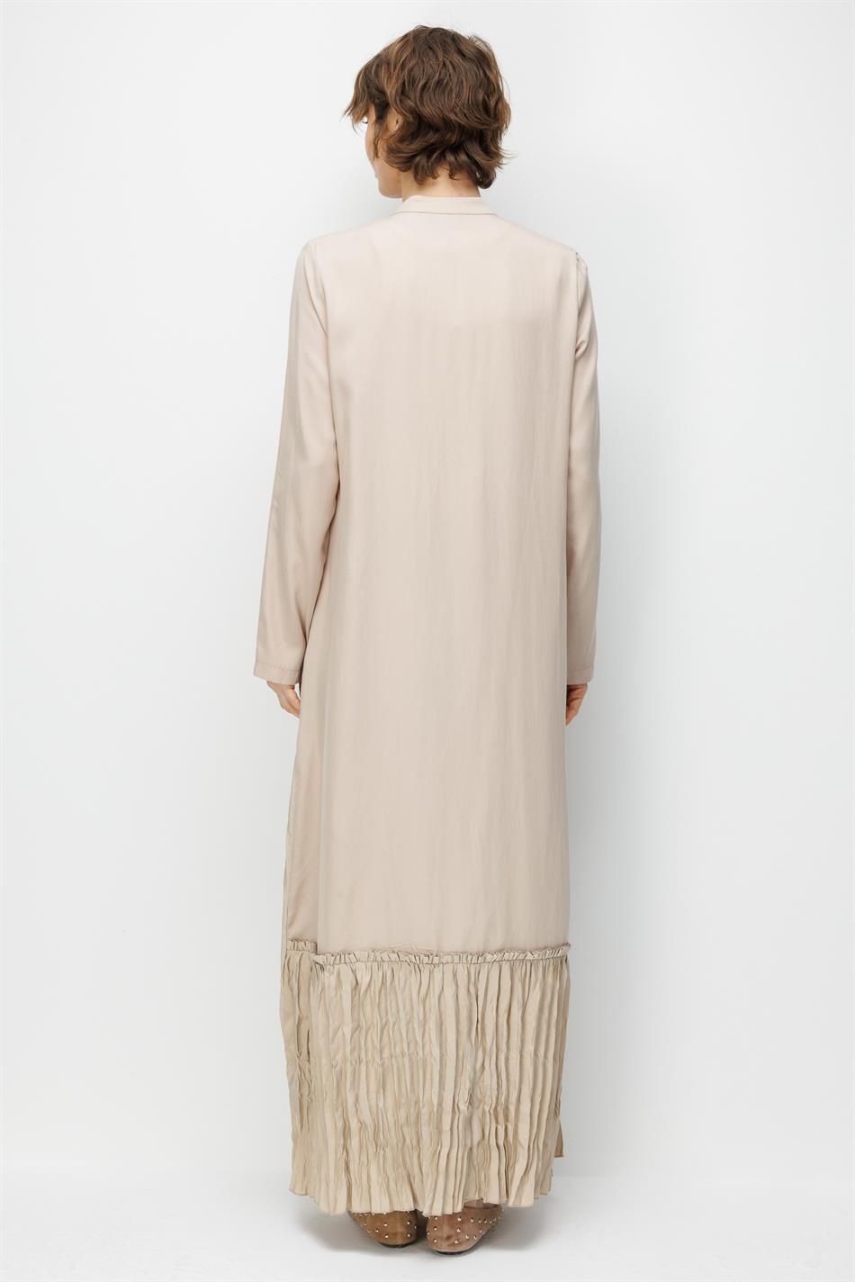 %100 Doğal LyoCELL Maxi Dökümlü Soft Kumaş Kraş Cep ve Alt Bant Detaylı Kap Ferace-Taş