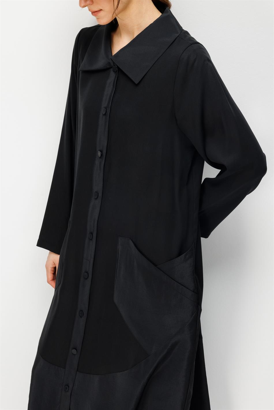 %100 Doğal LyoCELL Maxi Dökümlü Soft Kumaş Garni Kumaşlı Zamansız Kap Ferace-Siyah