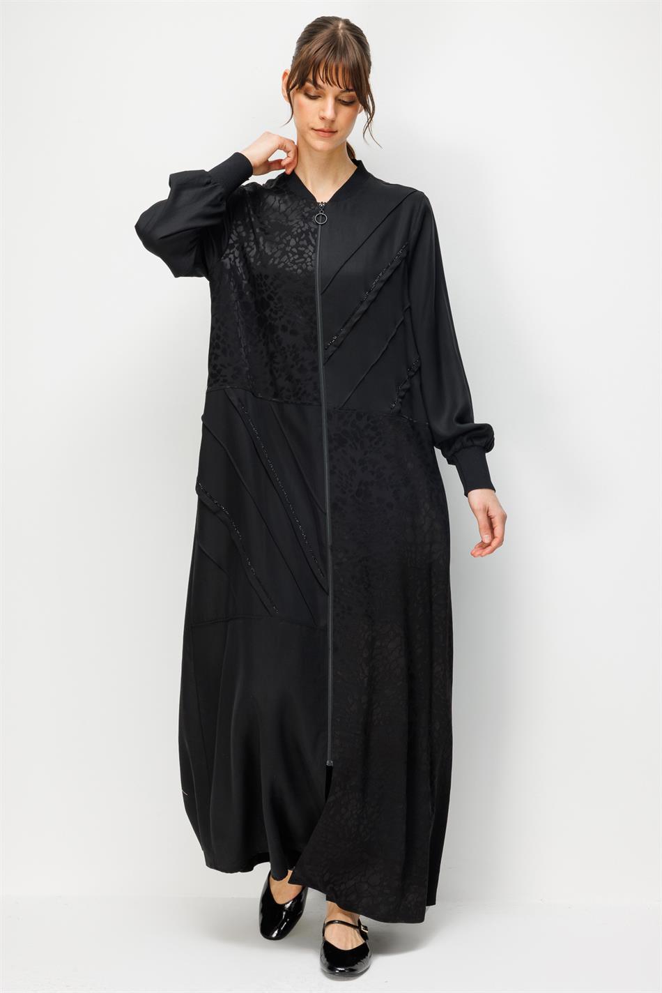 %100 Doğal LyoCELL Maxi Dökümlü Soft Kumaş Nervür ve Desen Geçişli Kap Ferace-Siyah