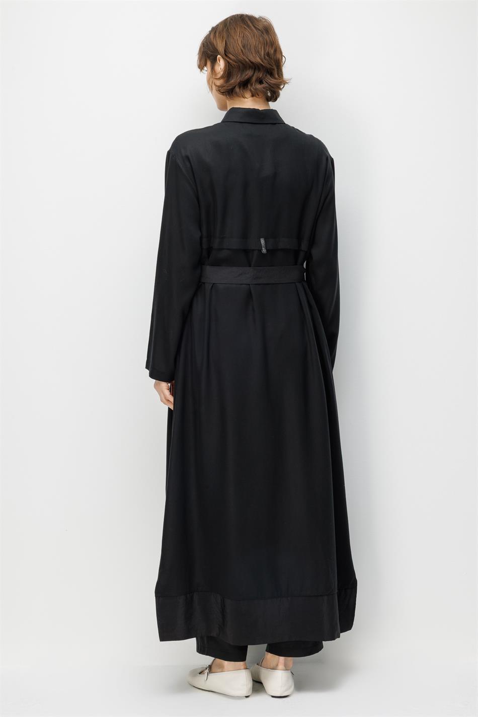 100% natuurlijke LyoCELL Maxi gedrapeerde zachte stof, hypoallergene windbreaker met gekleurde bies, sportjas/abaya - zwart