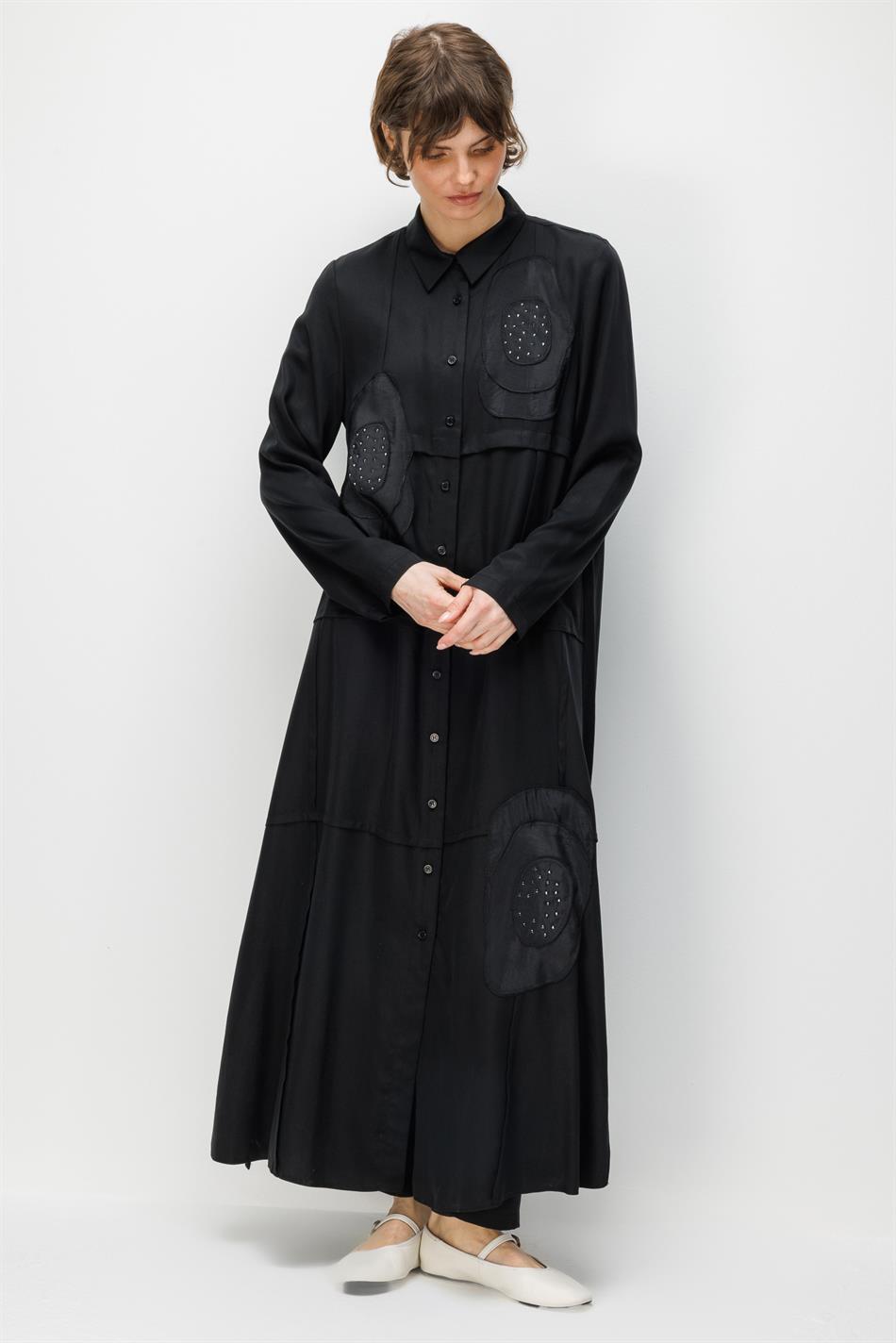 %100 Doğal LyoCELL Maxi Dökümlü Soft Kumaş Elişi Flora İşleme Detaylı Maxi Tunik Ferace-Siyah