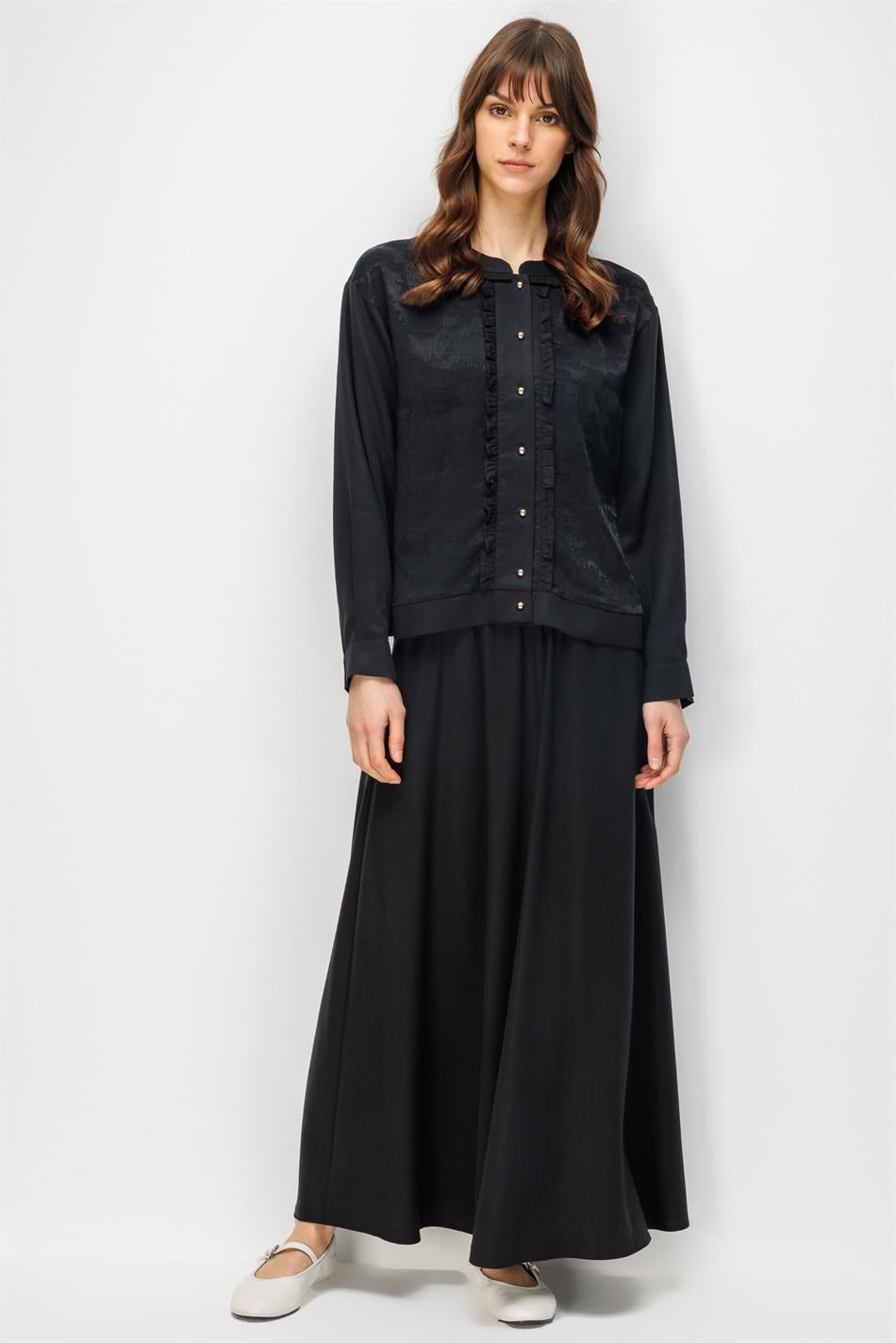 %100 Doğal LyoCELL Maxi Dökümlü Soft Kumaş Etek ve Özel Desen Geçişli Ceket Kombinli TAKIM-Siyah