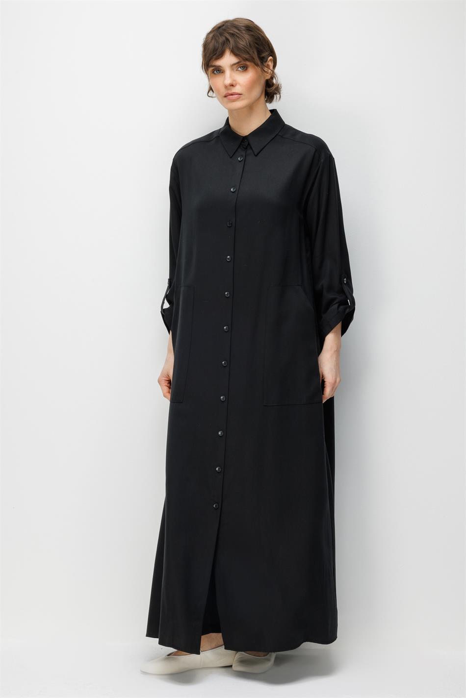 %100 Doğal LyoCELL Maxi Dökümlü Soft Kumaş Zamansız Spor Kap Ferace-Siyah