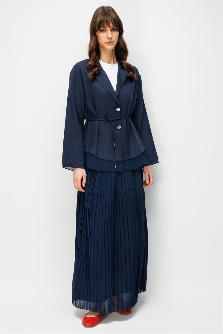 %100 Doğal LyoCELL Maxi Dökümlü Soft Kumaş Ceket ve Şifon Pilise Etek Kombinli TAKIM-Laci