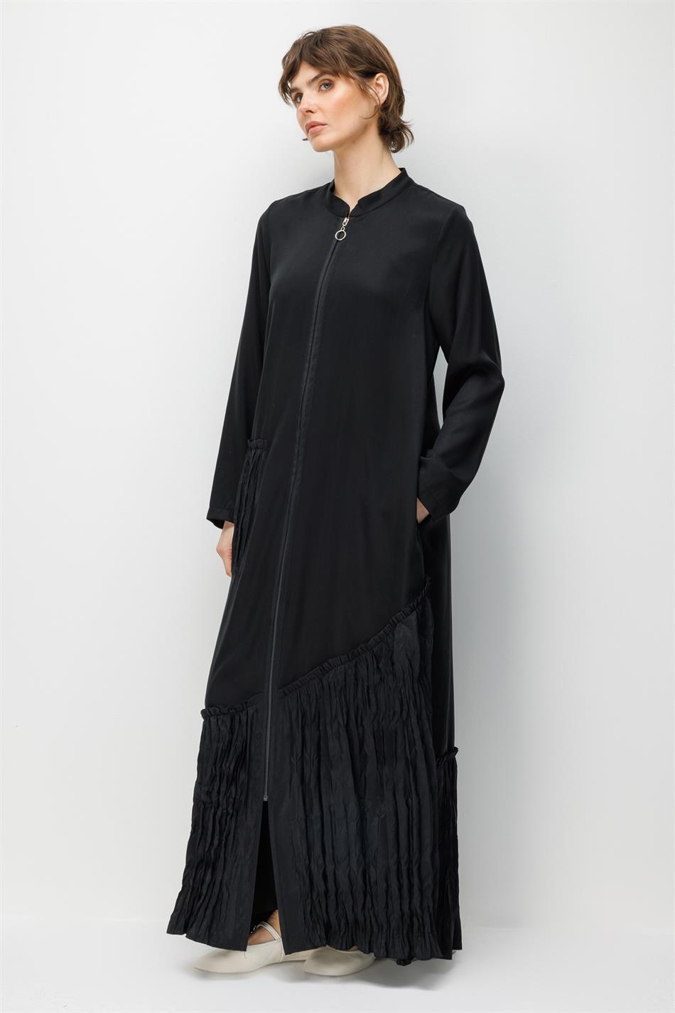 %100 Doğal LyoCELL Maxi Dökümlü Soft Kumaş Kraş Cep ve Alt Bant Detaylı Kap Ferace-Siyah