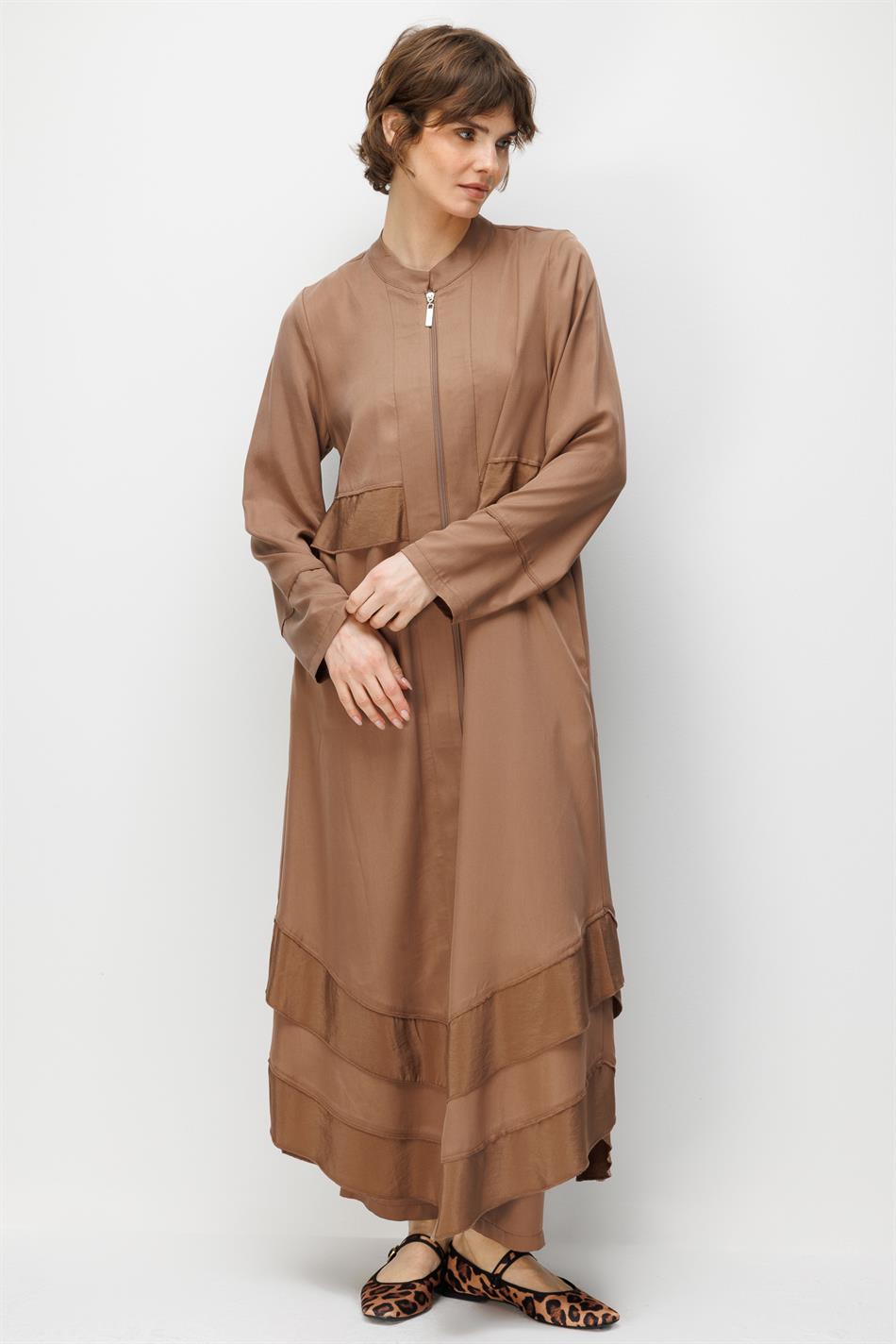 %100 Doğal LyoCELL Maxi Dökümlü Soft Kumaş Aller Bant detaylı Kap Ferace-Kahve